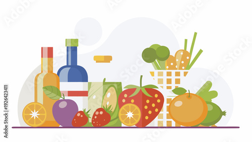 A colorful still life illustration featuring fruits bottles and a basket
