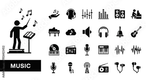 Collection of Music Icons Featuring Conductor, Instruments, and Audio Equipment in Simple Black Silhouettes