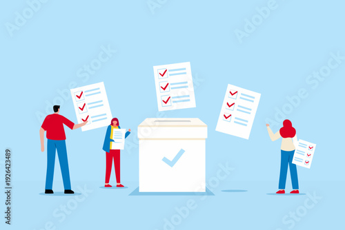 People interacting with checklists and a ballot box in a flat design