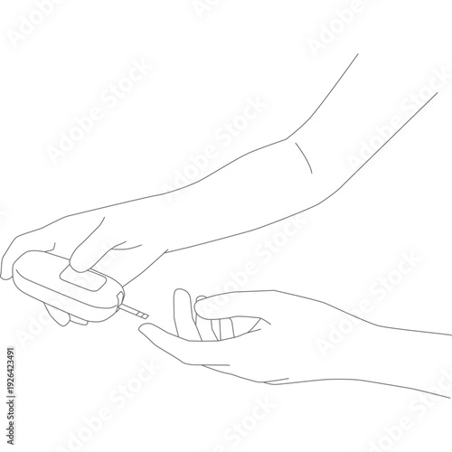 ands holding a glucose meter and test strip, representing blood sugar testing and diabetes awareness.eps