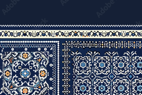Detailed close up of a traditional blue and white patterned rug