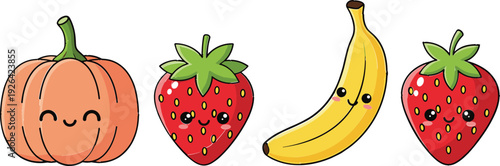 Cute smiling fruits illustration set with pumpkin, strawberries and banana, kawaii style characters isolated on white