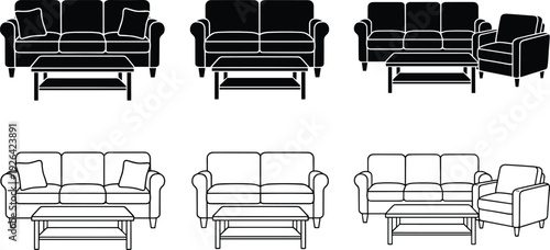 Living Room Furniture Set Featuring Modern Sofas Couches Armchair and Coffee Table Icons in Silhouette and Outline Styles Isolated on White Background for Interior Design
