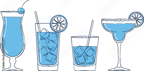 Blue cocktail drinks illustration set with ice, citrus garnish and straws, hand drawn style, isolated on white