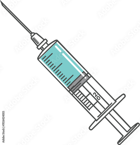 Medical syringe illustration with needle and measurement scale, healthcare injection tool in flat vector style isolated on white