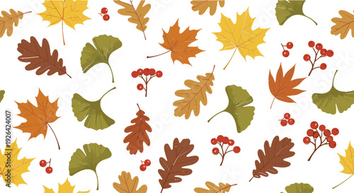 Autumn leaves seamless pattern with maple, oak and ginkgo leaves and red berries, fall foliage illustration on white background