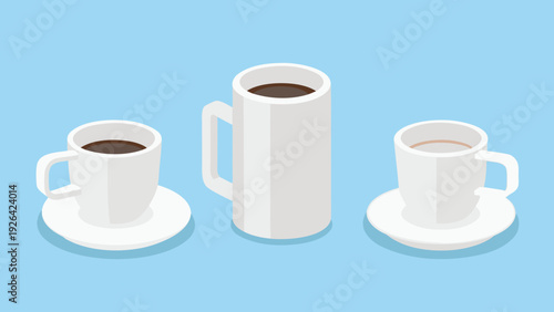 Isometric view of three white coffee cups with varying sizes