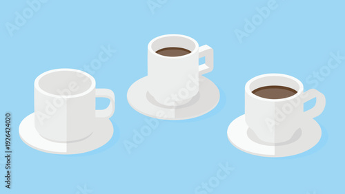 Isometric view of three white coffee cups on saucers