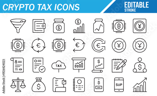 Crypto tax icons set. Editable line art vector collection of Bitcoin, Ethereum, documents, charts, money bags, scales, and finance symbols for cryptocurrency taxation and accounting design.