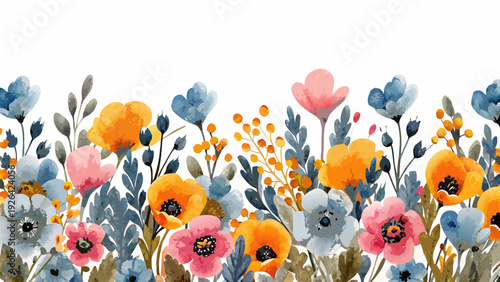 Watercolor floral border featuring colorful wildflowers and lush foliage