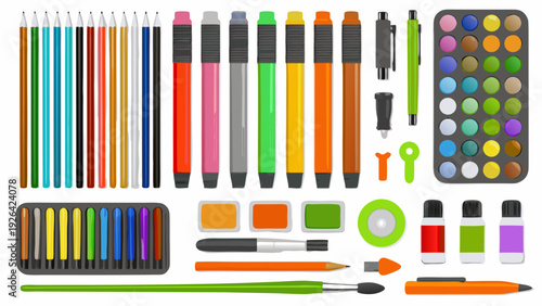 Collection of colorful drawing and writing tools arranged in horizontal rows