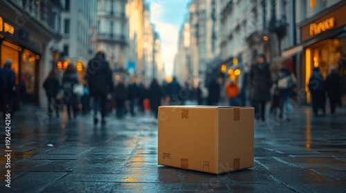 Cardboard box on city street, pedestrian traffic, blurred background, retail