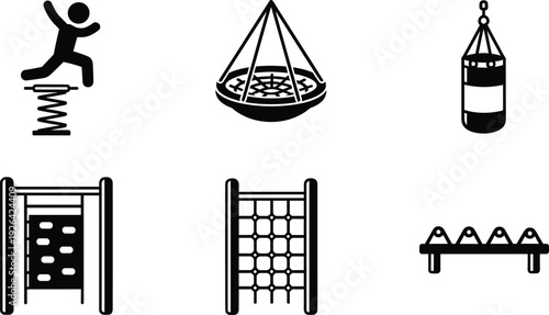 Playground and Fitness Equipment Icon Set Including Spring Jumper Kids Swing Punching Bag Climbing Wall Rope Net and Balance Beam Silhouette