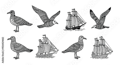 Detailed drawings of seabirds and vintage sailing ships in monochrome
