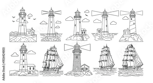 Collection of nautical themed line drawings featuring lighthouses and sailboats