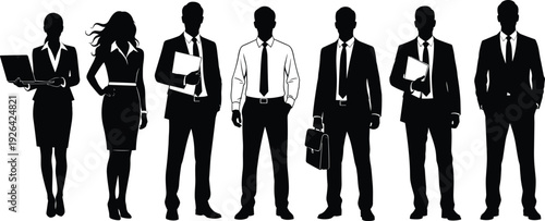 Diverse Business Professional Silhouette Set Featuring Men and Women in Suits Holding Laptops Briefcases and Folders for Corporate Office Team Designs