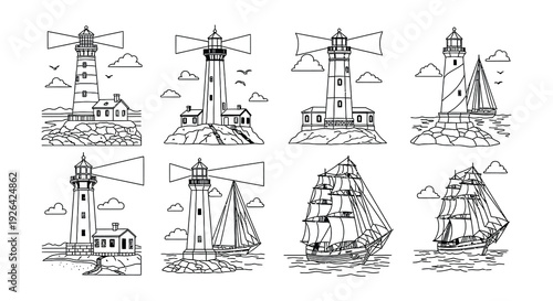 Collection of nautical themed line drawings featuring lighthouses and sailboats