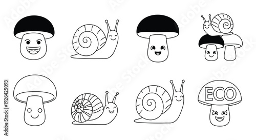Charming cartoon mushrooms and snails with smiling faces in black and white