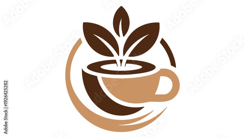 A stylized cup of coffee with a growing plant emerging from it
