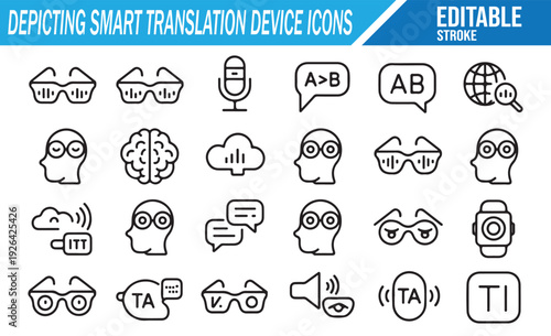 Futuristic Translation Technology Icon Collection: AI, Speech, and Wearables