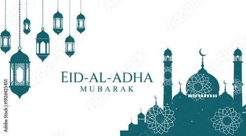 Eid aladha mubarak greeting card with mosque and lanterns on white background for islamic holiday celebration