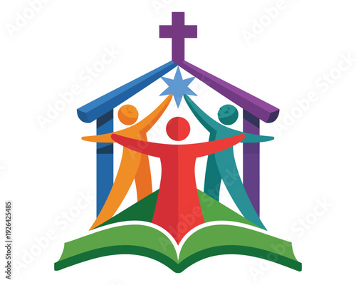 Community reaching for star inside house structure above open book showing fellowship faith support and spiritual learning environment