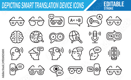 Vector Line Icons: Smart Glasses, Microphones, and AI Language Translation