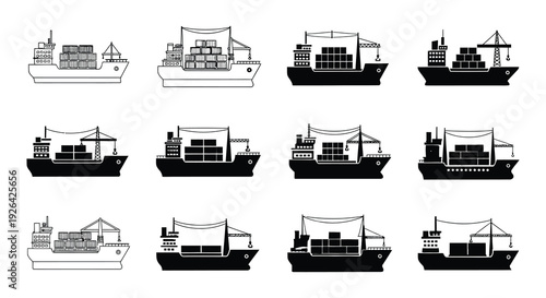 Collection of black and white ship and boat illustrations in a grid format