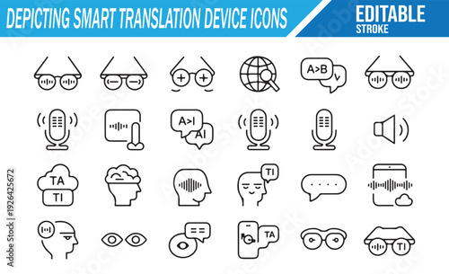 Smart Translation Device Icons Set: Editable Line Art for Global Communication