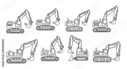 Line art illustration of various construction excavators in different positions