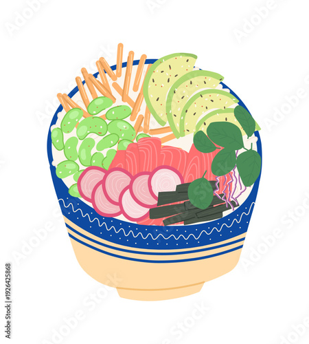 Poke bowl with red fish, beans, avocado, and seaweed. Vector illustration of a Japanese dish
