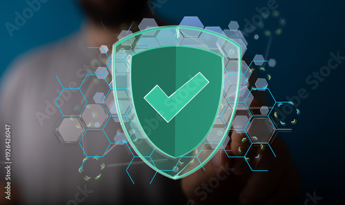 Tableau sur toile Secure network with shield, check mark confirming protection, data safety, antiv