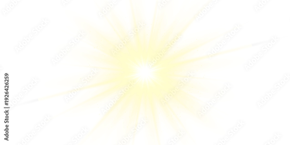Obraz premium Yellow light reflections and neon illumination in golden colors. Transparent PNG spotlight spark and stadium lighting. Sunlight, shiny stars, and glowing sparks. Vector.