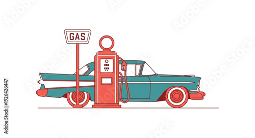 Vintage Car at Gas Pump.