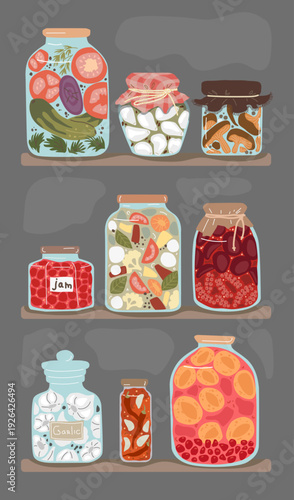 Vertical flat illustration of canning jars on pantry shelves with dark background. Cozy farmhouse food preservation concept. Perfect for posters, packaging design, recipe blogs and social media