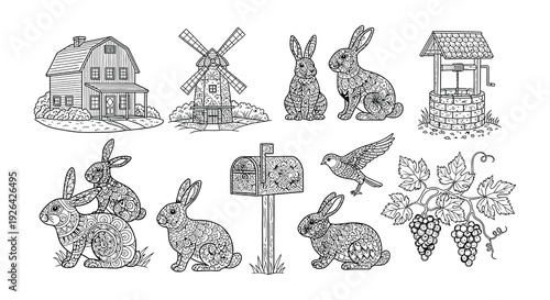 Detailed line art illustration featuring a farm scene with animals and objects