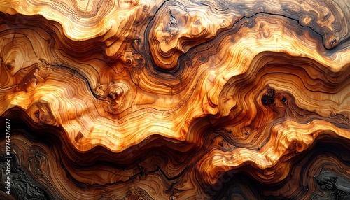 Close-up of richly textured wood grain with deep hues of brown, orange, and black, exhibiting intricate patterns and knots, perfect for textures