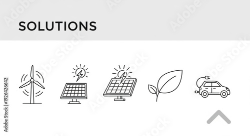 Sustainable energy solutions icons set featuring renewable sources and eco friendly transportation
