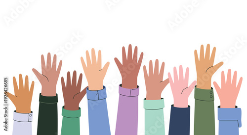 Businesspeople Group Raising Arms and Hands, Flat Design Vector Illustration