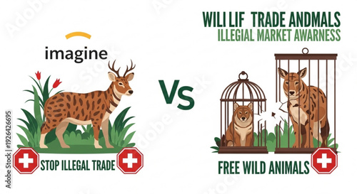 Wildlife trade awareness illustration free wild animals vs illegal trade with endangered species in cages and grassy environments