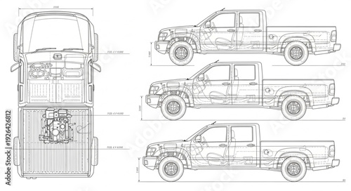 Vintage Car Blueprint Technical Drawings.