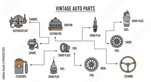 Vintage Car Parts Diagram Illustration.