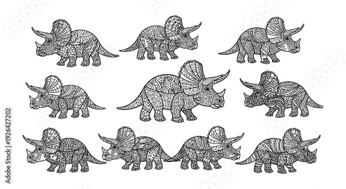 Intricate zentangle dinosaurs a collection of stylized triceratops designs