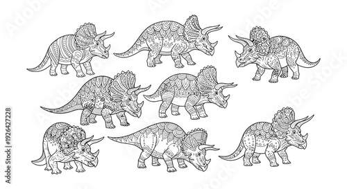 Intricate zentangle dinosaurs a collection of stylized triceratops designs