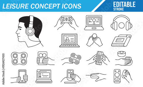 Set of Leisure Concept Line Icons - Digital Lifestyle Symbols