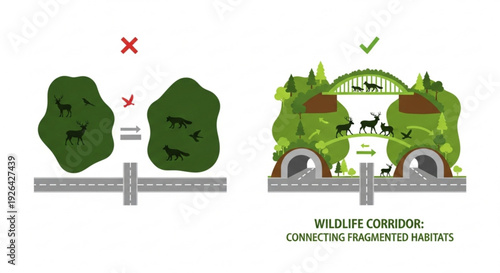 Wildlife corridor infrastructure connecting fragmented habitats with animals and vegetation for conservation