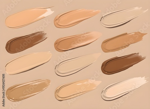 Liquid foundation swatches in multiple shades, neutral background, high-resolution product texture.