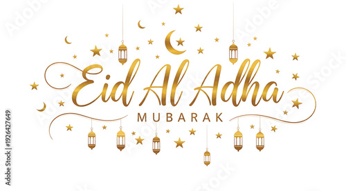 Eid al adha mubarak greeting with golden crescent moon stars and lanterns on white background