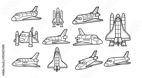 Collection of black and white space shuttle illustrations in various views