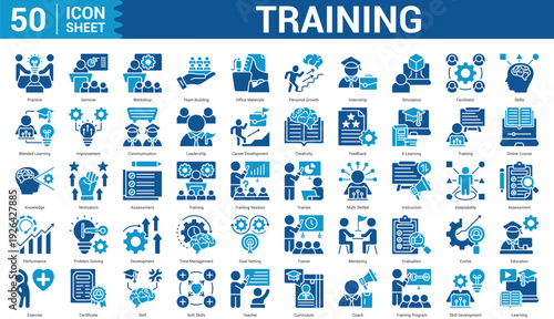 Training  color style icon set collection editable stroke concept of, practice, seminar, building, office materials, personal growth, internship, simulation, and more. Illustration Eps 10